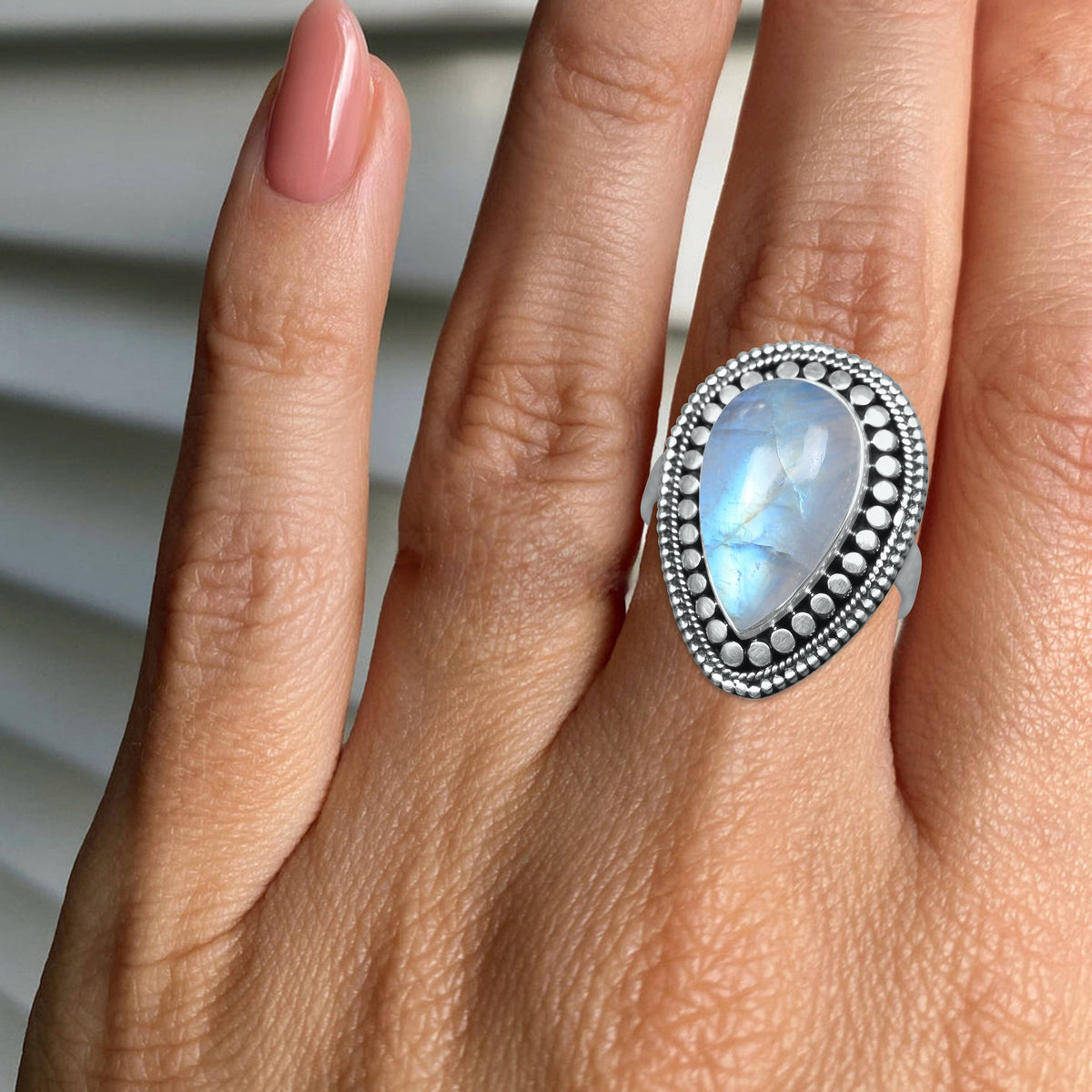 Rainbow Moonstone Pear Ring