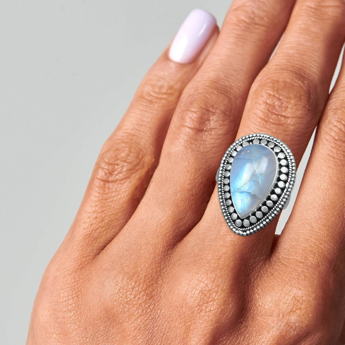 Rainbow Moonstone Pear Ring